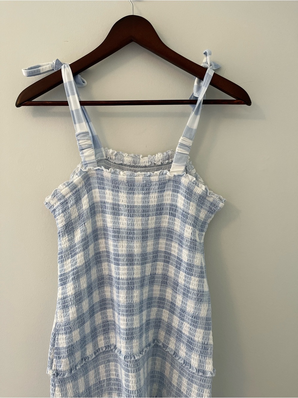 Japna Smocked Gingham Tie-Strap Mini Dress Blue & White S - Picture 6 of 11